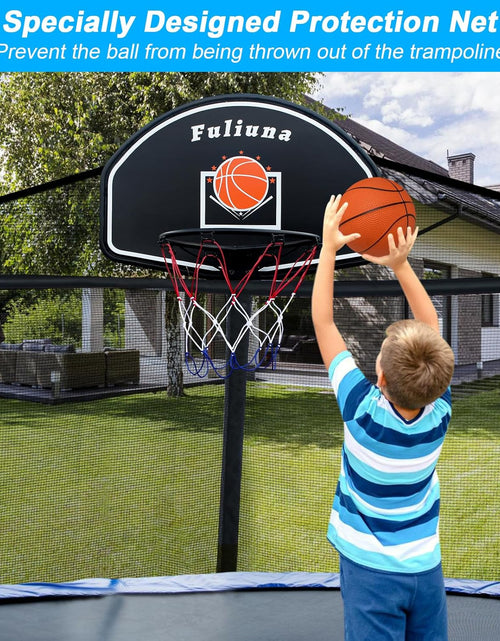 Load image into Gallery viewer, Trampoline Basketball Hoop, Basketball Hoop for Trampoline Fits for 25Mm Straight Pole &amp; Curved Pole, Trampoline Basketball Hoop Attachment with Protective Net,Mini Ball,Pump, Easy to Install
