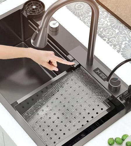 Bronstarz 29.5*18 INCH Black Nano Drop in Kitchen Sink 304 Stainless Steel Waterfall Sink with Pull down Sprayhead Faucet Single Bowl Drop in Kitchen Sink Workstation with LED TEMP Display (29.5 X 18 IN)