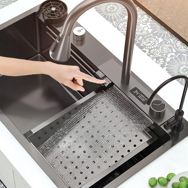 Bronstarz 29.5*18 INCH Black Nano Drop in Kitchen Sink 304 Stainless Steel Waterfall Sink with Pull down Sprayhead Faucet Single Bowl Drop in Kitchen Sink Workstation with LED TEMP Display (29.5 X 18 IN)