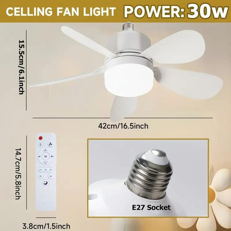Socket Ceiling Fan Light with Remote Control, E27 Base Dimmable LED Energy Saving Lamp, 3 Levels Dimming, Suitable for Bedroom, Living Room, Kitchen