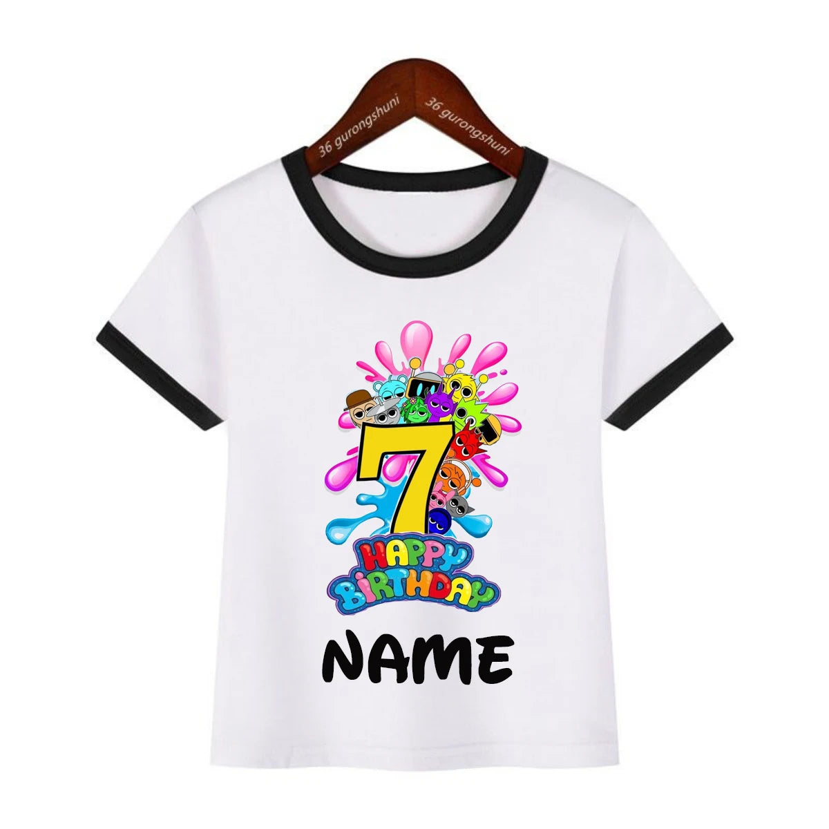 Colorful 7Th Happy Birthday Game Sprunki Printed T Shirt for Girls/Boys Custom Name Birthday Party Kids Clothes Summer T-Shirt
