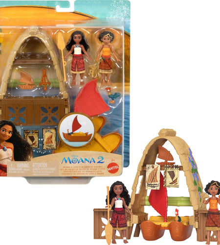 Mattel Disney Moana 2 Toys Moana & Loto’s Workshop Playset with 2 Small Dolls Heihei Figure Floating Boat & 5 Accessories