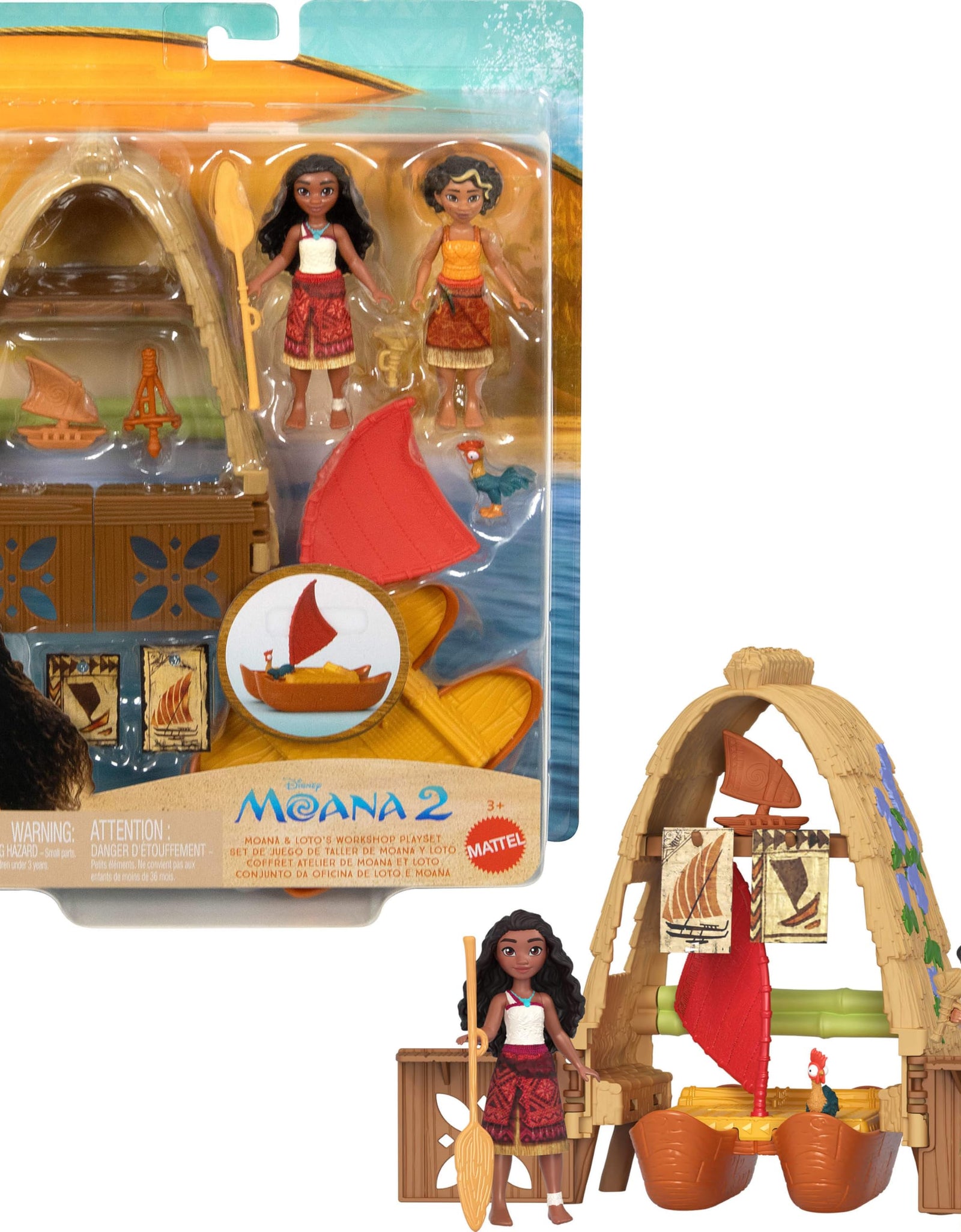 Mattel Disney Moana 2 Toys Moana & Loto’s Workshop Playset with 2 Small Dolls Heihei Figure Floating Boat & 5 Accessories