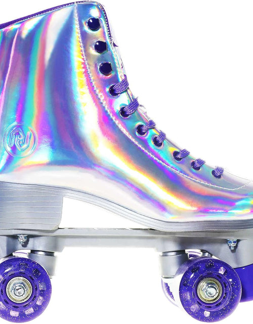 Load image into Gallery viewer, Roller Skates for Women, Holographic High Top PU Leather Rollerskates, Shiny Double-Row Four Wheels Quad Skates for Girls and Age 8-50 Indoor Outdoor (Silver Purple)

