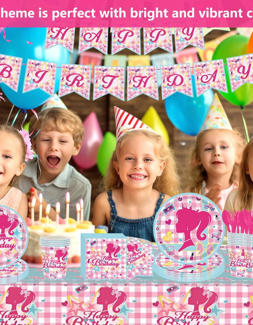 Load image into Gallery viewer, 171 Count Disposable Tableware Birthday Party Supplies Pink Girls Paper Plates Napkins Cups Plastic Tablecloths Pink Girls Tableware Set Birthday Party Decorations Serves 24 Guests
