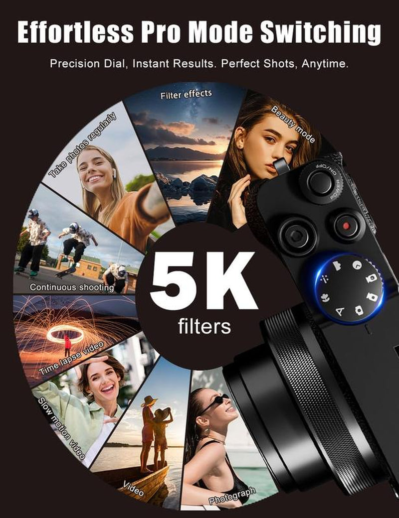 NBD Digital Camera | 64MP 5K Vlogging with 180° Flip Screen | 18X Digital Zoom | 32GB SD Card & 2 Batteries | Perfect for Beginners and Enthusiasts Black Photography Beginner