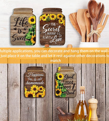 4 Pcs Mason Jar Wall Decor Wooden,Kitchen Rustic Home Decor Inspirational Kitchen Decor Hanging Farmhouse Kitchen Signs Wall Decor for Home Decor