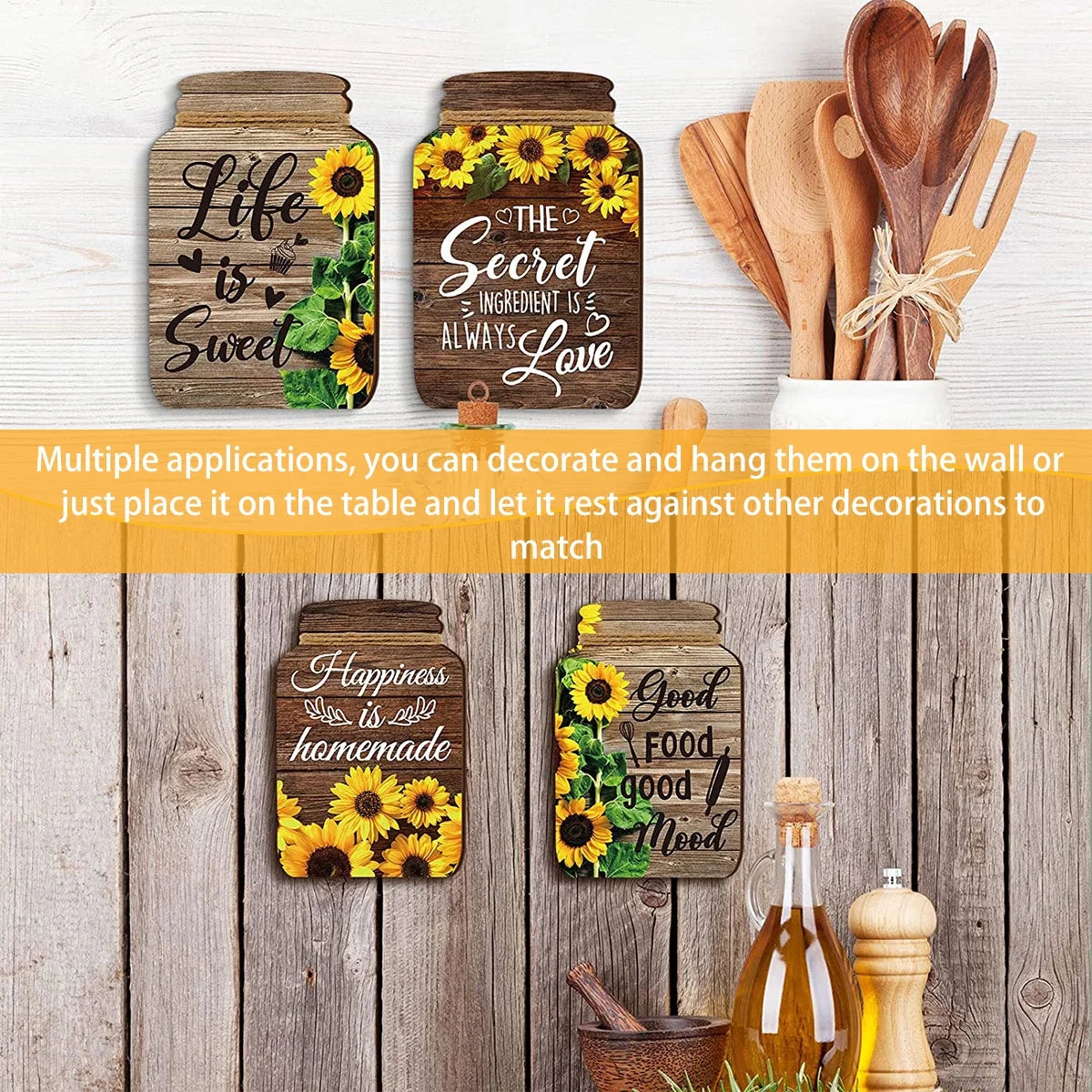 4 Pcs Mason Jar Wall Decor Wooden,Kitchen Rustic Home Decor Inspirational Kitchen Decor Hanging Farmhouse Kitchen Signs Wall Decor for Home Decor