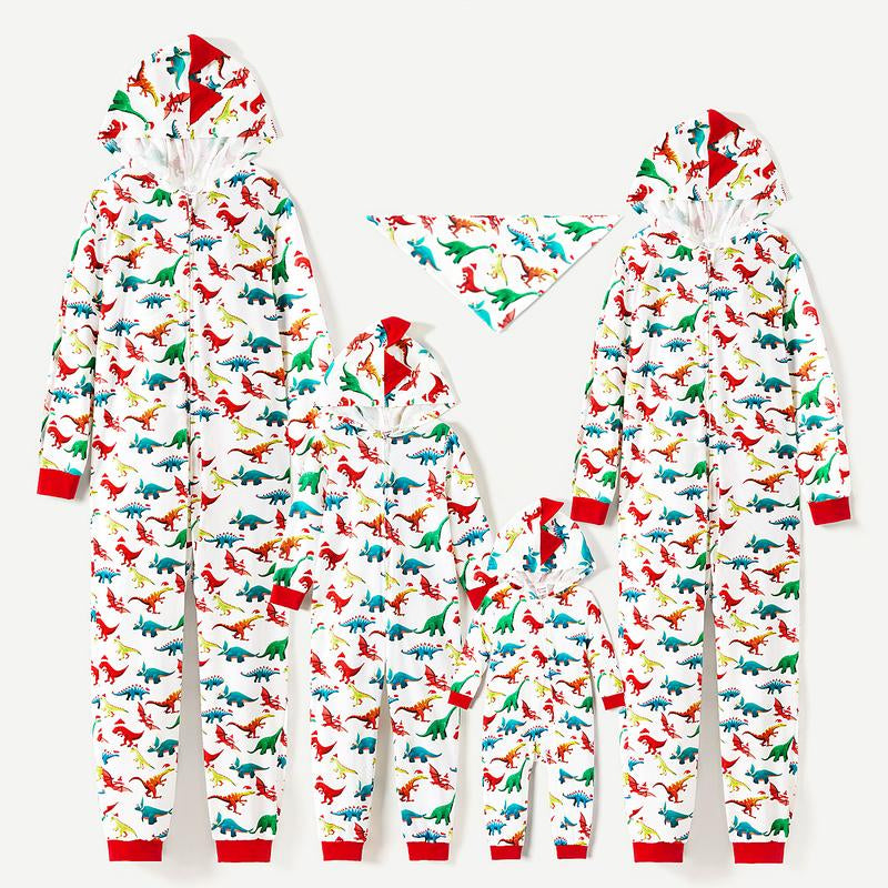 Patpat Christmas Pjs Dinosaur Print Family Matching Long-Sleeve Pajama Set Hooded Onesies Family Clothing Pajamas Sets (Flame Resistant) Spingtok