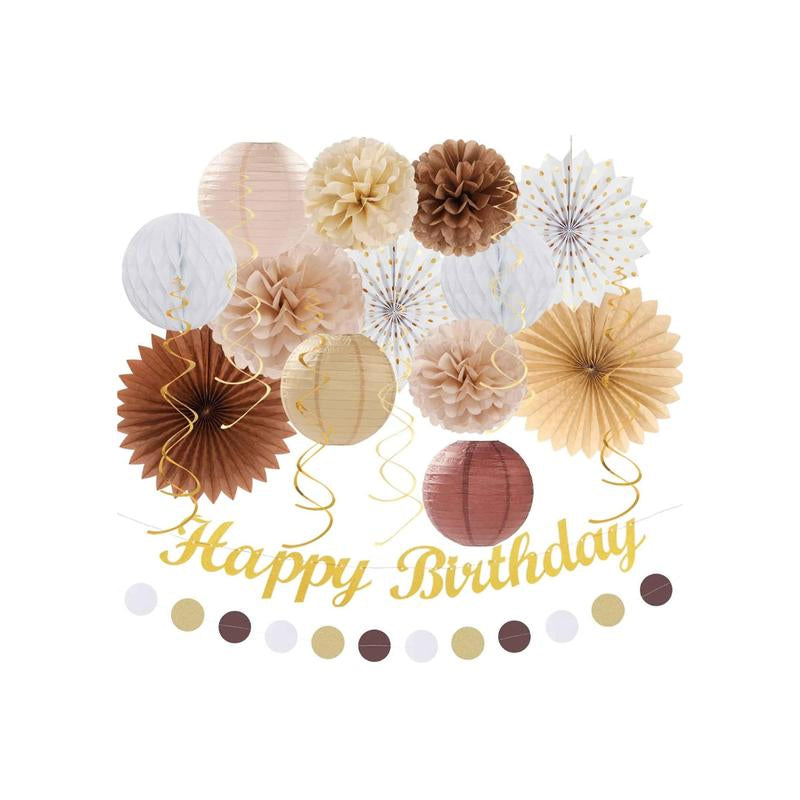 Boho Birthday Party - Decorations 21Pcs Autumn Neutral Retro Happy Banner, Girl Sweet Peach Paper Streamers Lanterns, Rustic Backdrop Decor Set Cozy