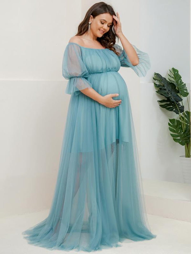 EVER PRETTY Sheer Off-Shoulder Double Skirt Maxi Maternity Dress below the Ankle Square Neckline Long Sleeves Concealed Zipper Back 20862