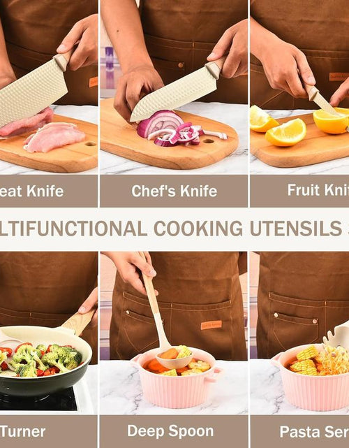 Load image into Gallery viewer, 10 Pieces Silicone Cooking Utensils Set with Knife Block Set, Include 4Pcs Utensils Spatulas &amp; 5Pcs Sharp Stainless Steel Chef Knife, Khaki
