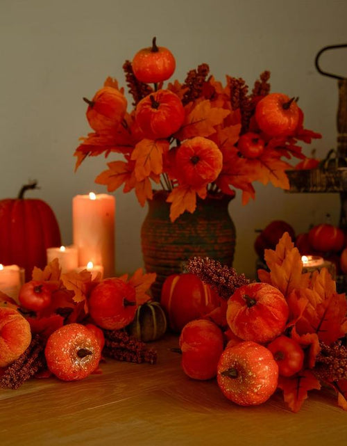 Load image into Gallery viewer, PARTY JOY 4PCS Maple Leaves Bunch with Silk Pumpkin Autumn Floral Stems for DIY Arrangment Fall Decor Fall Decorations for Home
