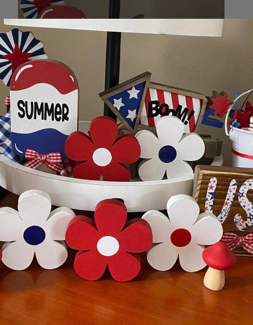 Load image into Gallery viewer, Patriotic Tiered Tray - Set of 3 Red White and Blue Wood Daisies - Standing Wood Daisies Flowers 4Th of July Tiered Tray Decor Summer Decor
