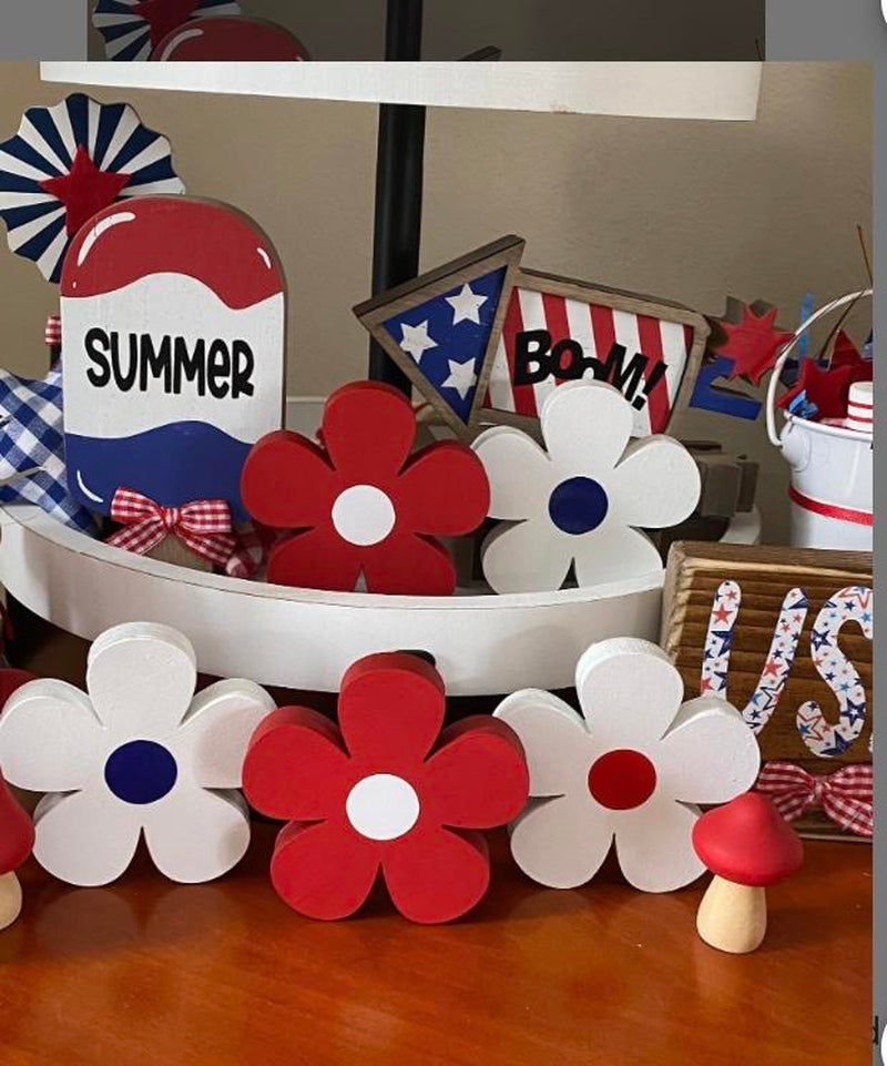 Patriotic Tiered Tray - Set of 3 Red White and Blue Wood Daisies - Standing Wood Daisies Flowers 4Th of July Tiered Tray Decor Summer Decor