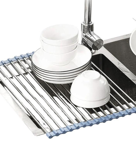 Way Finder - over the Sink Dish Drying Rack, Roll up Dish Drying Rack Kitchen Fruit Organiser Stainless Steel Bowl Cabinet Silicone