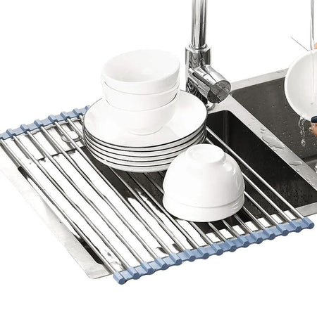 Way Finder - over the Sink Dish Drying Rack, Roll up Dish Drying Rack Kitchen Fruit Organiser Stainless Steel Bowl Cabinet Silicone