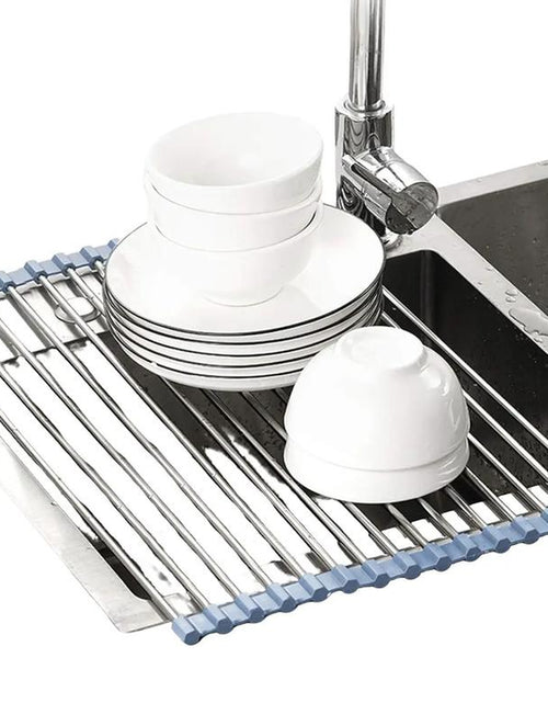 Load image into Gallery viewer, Way Finder - over the Sink Dish Drying Rack, Roll up Dish Drying Rack Kitchen Fruit Organiser Stainless Steel Bowl Cabinet Silicone
