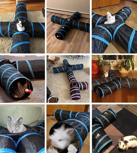 Cat Toys - 4 Way Cat Tunnel, Tube & Play Tent, 25X53Cm, Extensible, Interactive Maze with Balls & Bells for Kitten & Small Animal, Blue