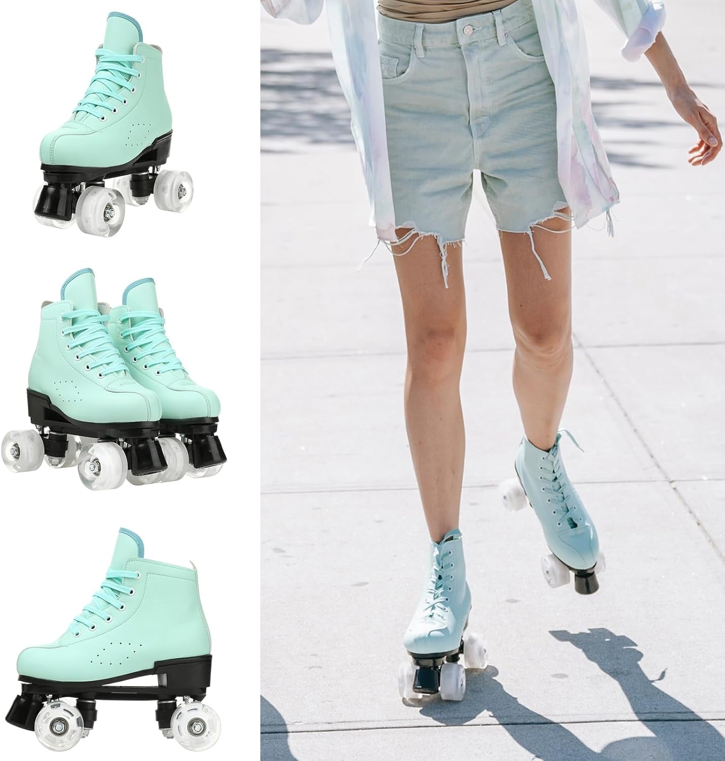 Roller Skates for Women and Men Cowhide High-Top Shoes Classic Double-Row Roller Skate Four-Wheel Roller Skates for Men Girls Unisex