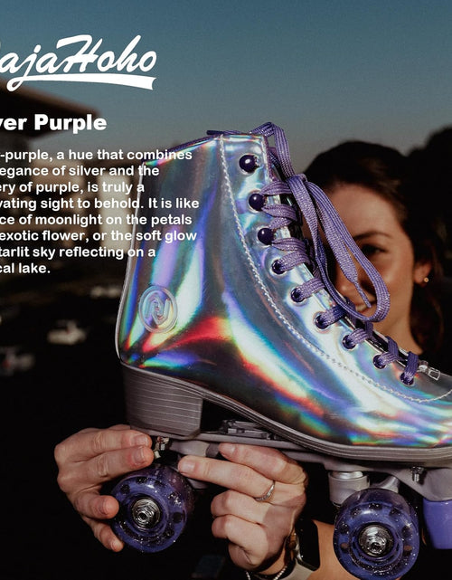 Load image into Gallery viewer, Roller Skates for Women, Holographic High Top PU Leather Rollerskates, Shiny Double-Row Four Wheels Quad Skates for Girls and Age 8-50 Indoor Outdoor (Silver Purple)
