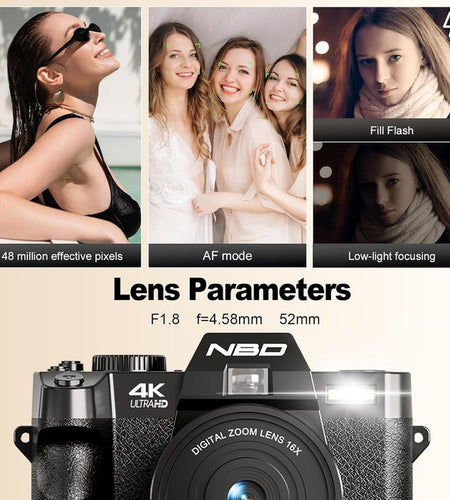 NBD 48MP Digital Cameras - 4K 16X Zoom Travel Camera with 180° Flip Screen, Auto Focus, Macro Lens, 2 Batteries & 32GB SD Card (Black) Tech Gadgets