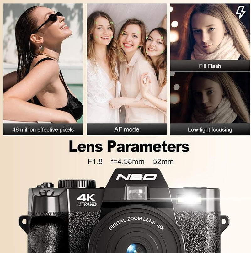 NBD 48MP Digital Cameras - 4K 16X Zoom Travel Camera with 180° Flip Screen, Auto Focus, Macro Lens, 2 Batteries & 32GB SD Card (Black) Tech Gadgets