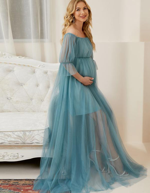 Load image into Gallery viewer, EVER PRETTY Sheer Off-Shoulder Double Skirt Maxi Maternity Dress below the Ankle Square Neckline Long Sleeves Concealed Zipper Back 20862
