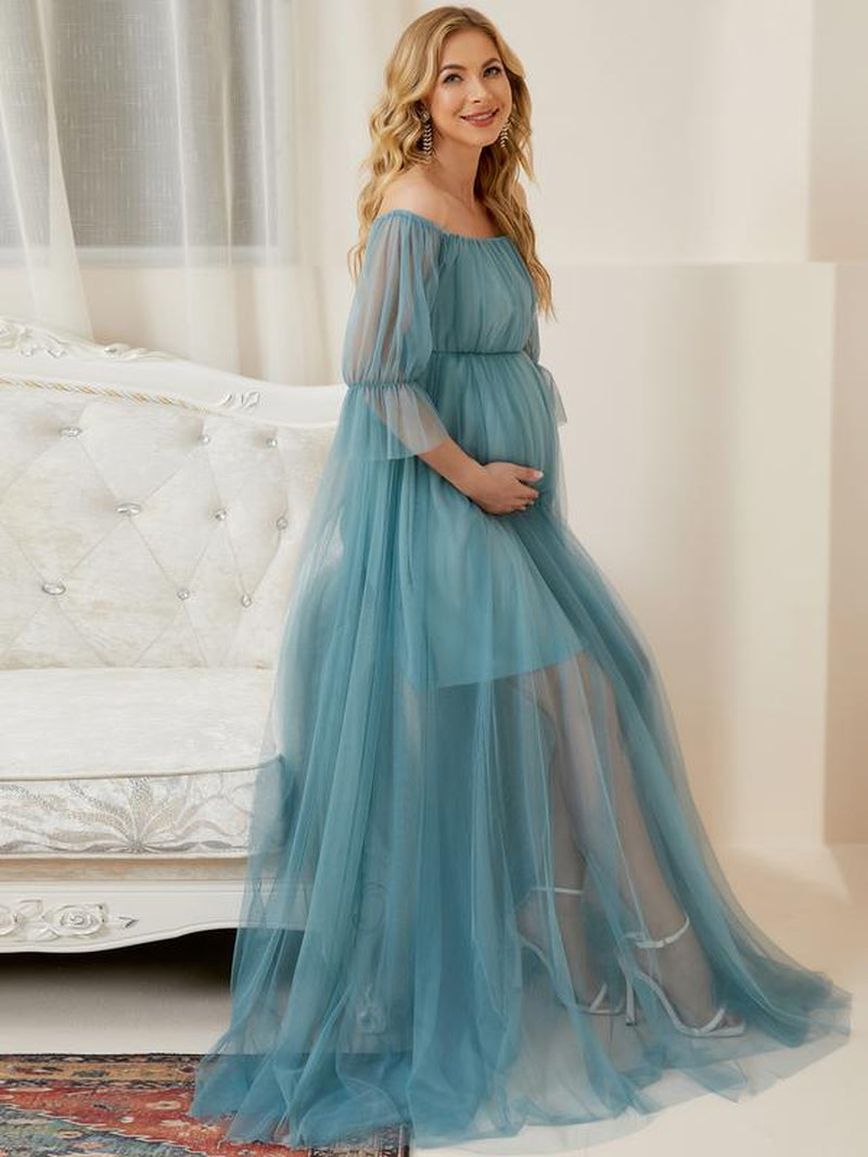 EVER PRETTY Sheer Off-Shoulder Double Skirt Maxi Maternity Dress below the Ankle Square Neckline Long Sleeves Concealed Zipper Back 20862