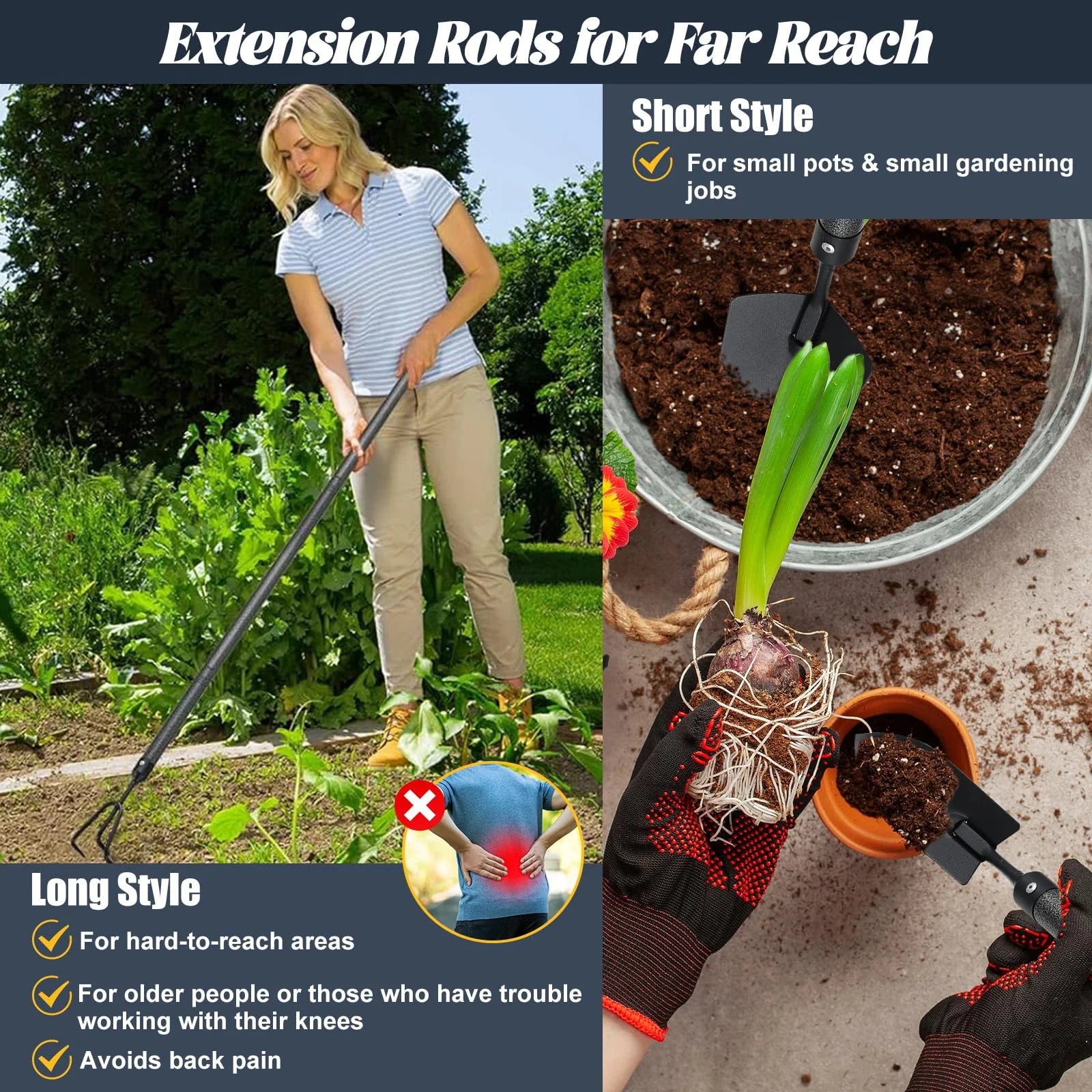Garden Tools Set with Extension Handles, Heavy-Duty Steel Thick Gardening Hand Tools,5 Pieces