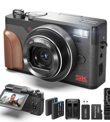 NBD Digital Camera | 64MP 5K Vlogging with 180° Flip Screen | 18X Digital Zoom | 32GB SD Card & 2 Batteries | Perfect for Beginners and Enthusiasts Black Photography Beginner