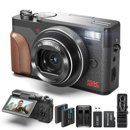 NBD Digital Camera | 64MP 5K Vlogging with 180° Flip Screen | 18X Digital Zoom | 32GB SD Card & 2 Batteries | Perfect for Beginners and Enthusiasts Black Photography Beginner