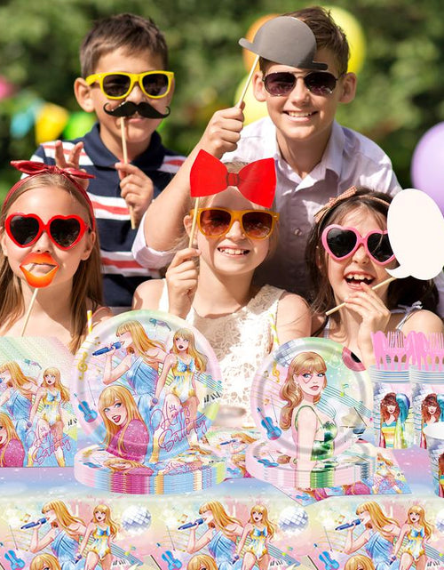 Load image into Gallery viewer, 171 Count Disposable Tableware Birthday Party Supplies Singer Paper Plates Napkins Cups Plastic Tablecloths Music Singer Tableware Set Birthday Party Decorations Serves 24 Guests
