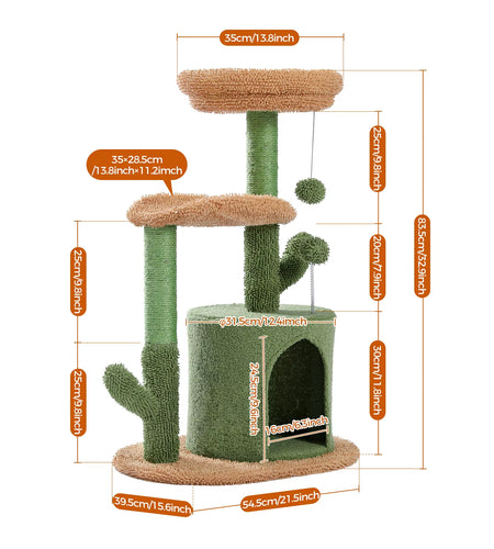 Cactus Cat Tree with Curved Perch Cozy Cat Condo Small Cat Tower with Removable Top Bed Cat Scratching Post for Indoor Cat Toys