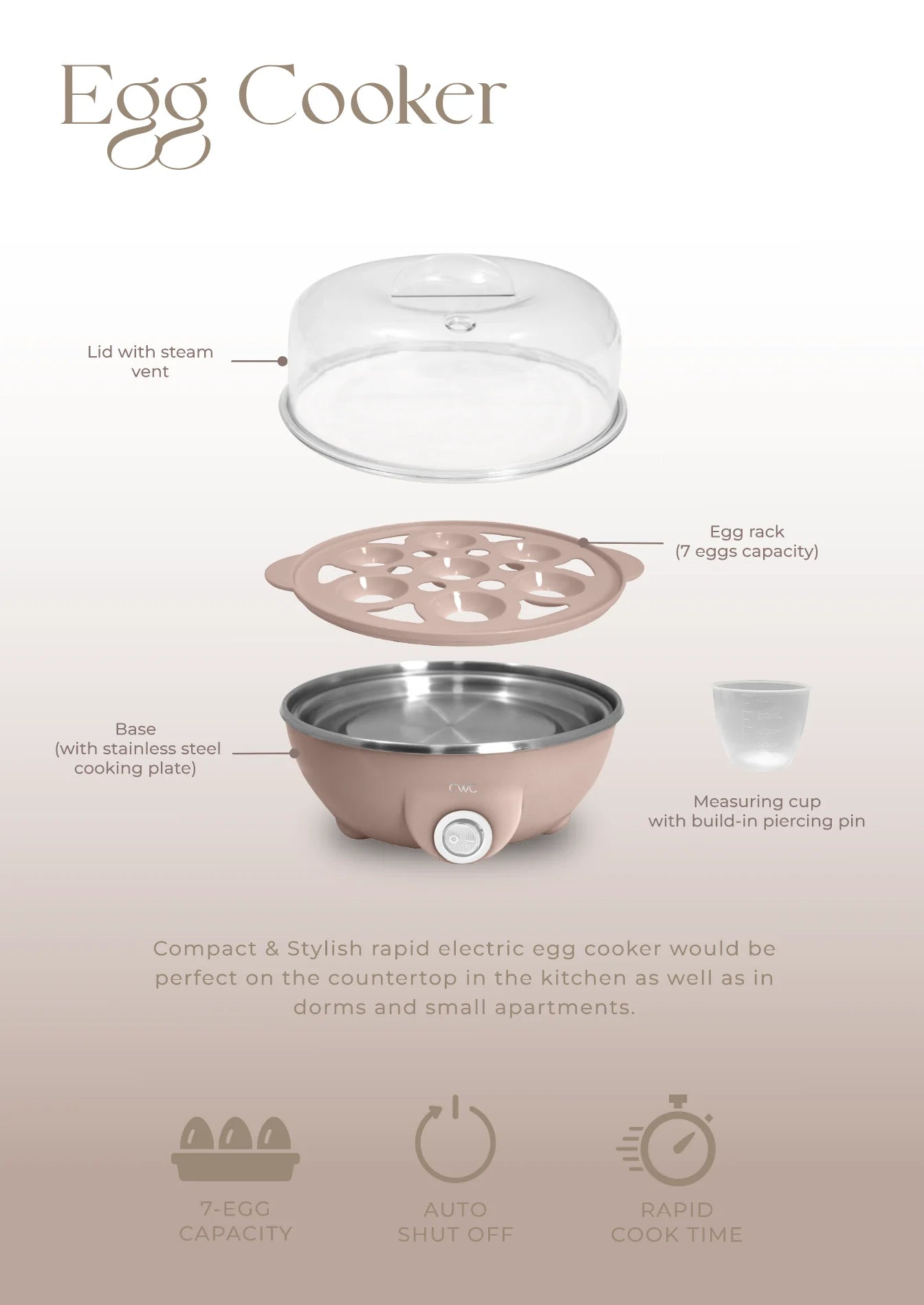 Egg Boiler, Kettle, & Toaster Kitchen Appliances Set – Back to School & College, Blush