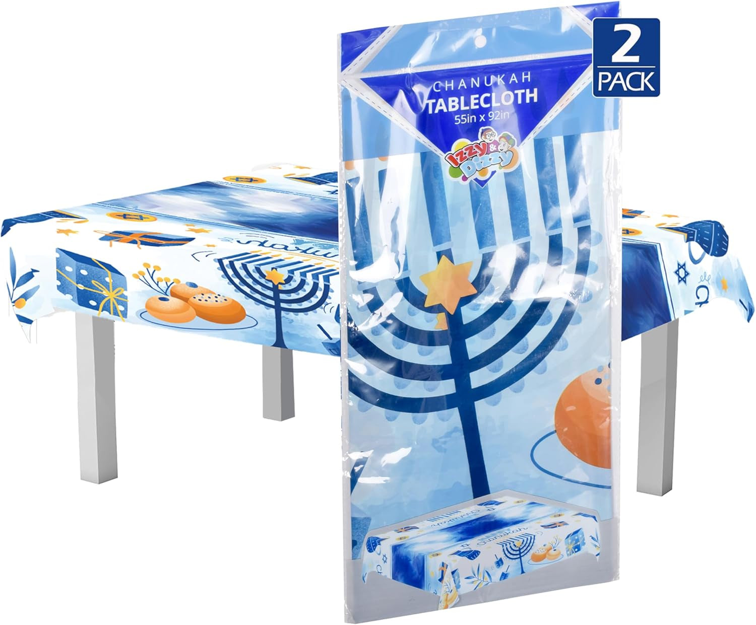 Hanukkah Tablecloth Plastic - Hanukkah Paper Goods - 55" X 92" - Blue and White Chanukah Themed Party Supplies (2-Pack)