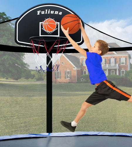 Trampoline Basketball Hoop, Basketball Hoop for Trampoline Fits for 25Mm Straight Pole & Curved Pole, Trampoline Basketball Hoop Attachment with Protective Net,Mini Ball,Pump, Easy to Install