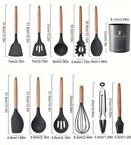 Kitchen Silicone Cooking Utensils, 12 Pc Kitchen Utensil Set, Wooden Kitchen Utensils, Kitchen Gadgets and Spatula Set