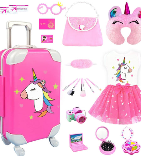 BNUZEIYI Doll Clothes and Accessories - Travel Play Set for 18 Inch Doll Doll Stuff with 18 Inch Doll Clothes Cute Bag Travel Pillow and Doll Pretend Makeup for 18 Inch Girl Doll Girl Gift