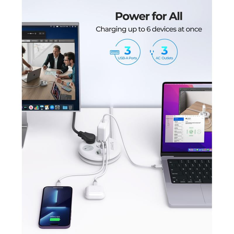 ORICO Travel Power Strip, Travel Essentials, Travel Extension Cord with 3 Outlets 3 USB Ports, 4FT Wrapped around Extension Cord for Travel Cruise Ship Beach Vacation Essentials White-Or-3A3U