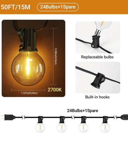 DAYBETTER G40 LED Globe Light Bulbs, String Lights Outdoor, Shatterproof Outdoor Patio String Lights Edison Bulbs, Backyard Hanging Bistro Light for Balcony Party Wedding Market Cafe, Yard, Gazebo, Deck, Decorative Lights for Christmas, New Year Decor