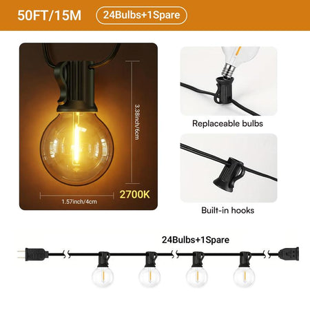 DAYBETTER G40 LED Globe Light Bulbs, String Lights Outdoor, Shatterproof Outdoor Patio String Lights Edison Bulbs, Backyard Hanging Bistro Light for Balcony Party Wedding Market Cafe, Yard, Gazebo, Deck, Decorative Lights for Christmas, New Year Decor