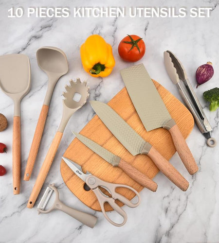 10 Pieces Silicone Cooking Utensils Set with Knife Block Set, Include 4Pcs Utensils Spatulas & 5Pcs Sharp Stainless Steel Chef Knife, Khaki