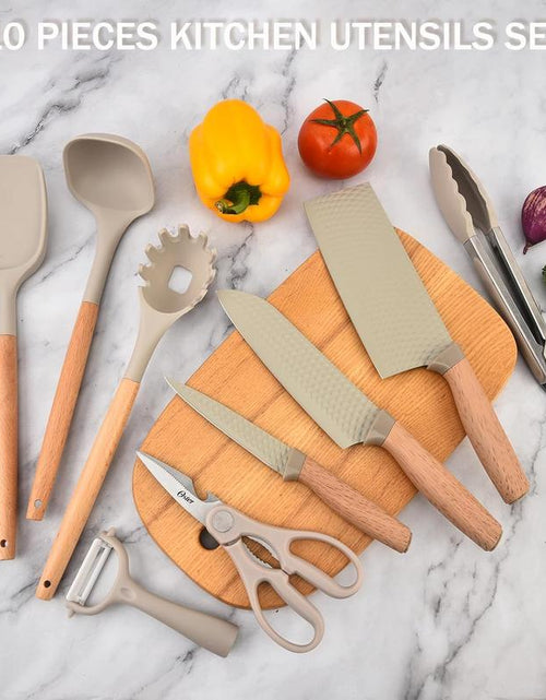 Load image into Gallery viewer, 10 Pieces Silicone Cooking Utensils Set with Knife Block Set, Include 4Pcs Utensils Spatulas &amp; 5Pcs Sharp Stainless Steel Chef Knife, Khaki
