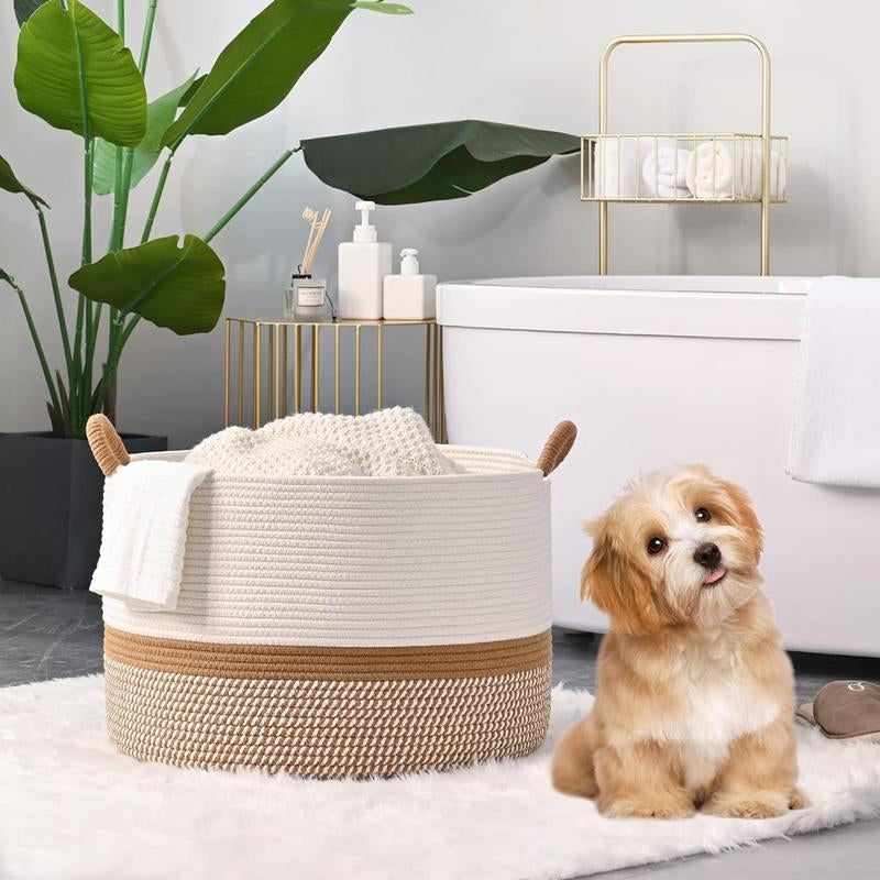 Large Cotton Rope Storage Basket | Durable Pet-Friendly Organizer with Handles | Woven Multi-Purpose Basket for Home & Pet Toys Laundry Room