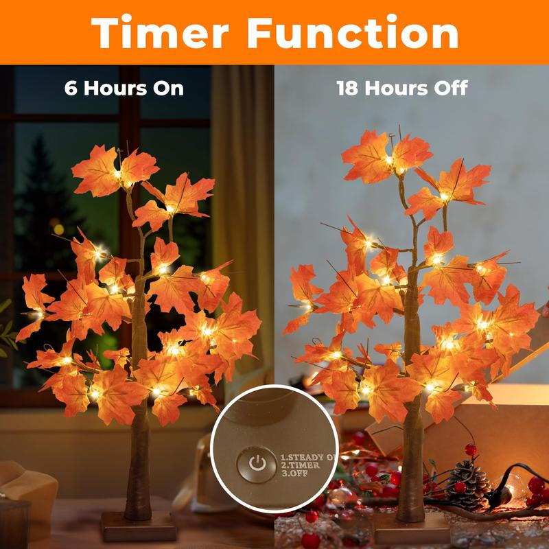 Alfanite 24-Inch Fall Lighted Maple Tree, 24 LED Lights, Usb+Battery Operated Thanksgiving Table Centerpieces Decoration Tree for Home Fireplace Autumn Harvest Tabletop Indoor Decor
