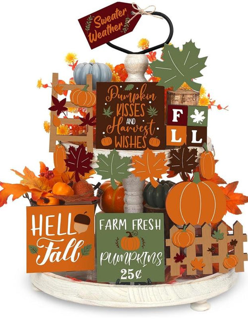 Load image into Gallery viewer, 15 Pcs Fall Tiered Tray Decor Set Hello Fall Decor Autumn Wood Signs Thanksgiving Orange Brown Table Signs Farmhouse Wooden Maple Pumpkin Gnomes Tabletop for Festival Home Decor(Autumn)
