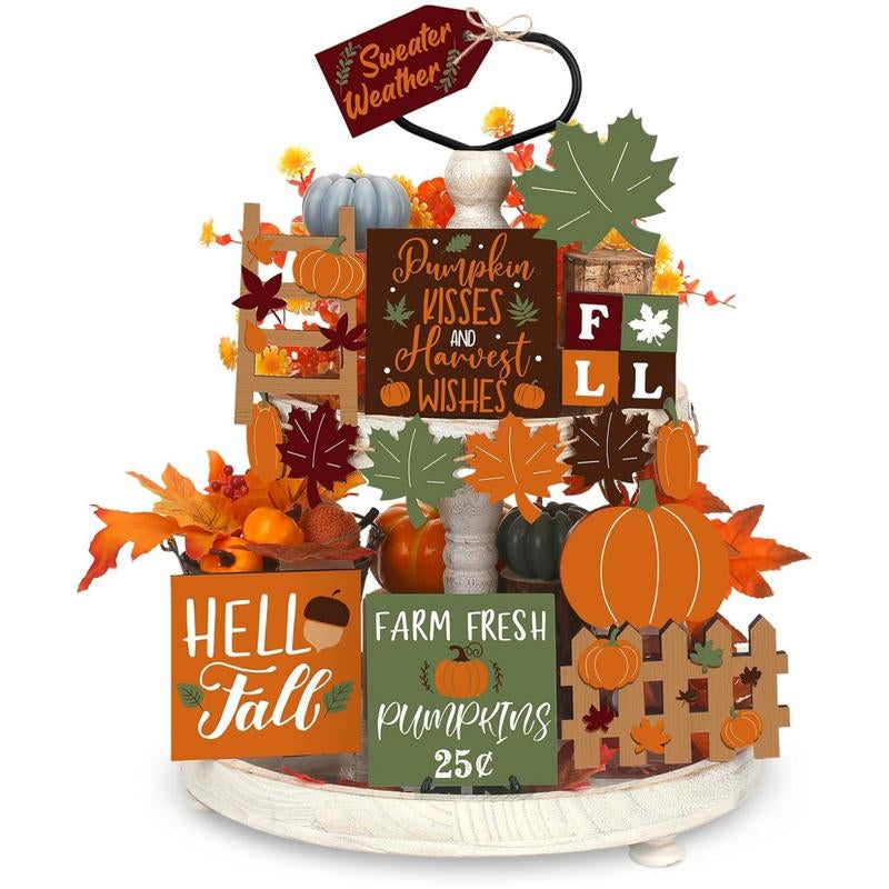 15 Pcs Fall Tiered Tray Decor Set Hello Fall Decor Autumn Wood Signs Thanksgiving Orange Brown Table Signs Farmhouse Wooden Maple Pumpkin Gnomes Tabletop for Festival Home Decor(Autumn)
