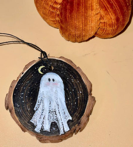 Wooden Hand Painted Halloween Decor - Handpainted Ghost on Wooden Circle Spooky Ornaments Decoration