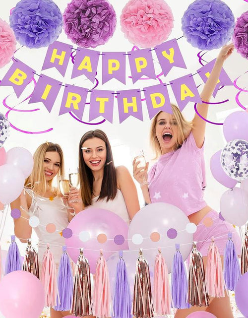 Load image into Gallery viewer, Purple Pink Birthday Party Decorations Set with Happy Birthday Banner, Hanging Swirls, Tissue Paper Pompoms, Circle Dots Garland &amp; More Balloons
